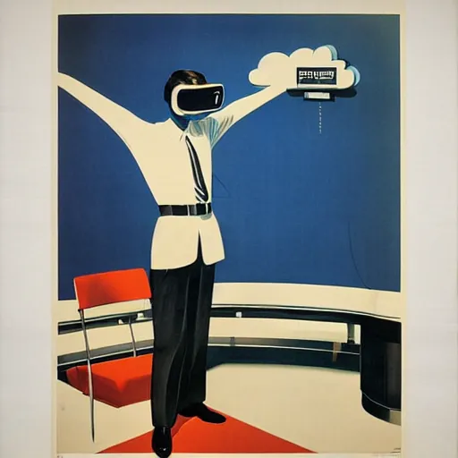 Prompt: man wearing virtual reality headset, 1950s art deco poster, retrofuturism, edward hopper