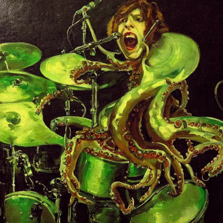 Prompt: a beautiful painting by dean cornwell of an octopus playing drums and telecaster guitar in a rock concert, dark background, green concert light, dark mood