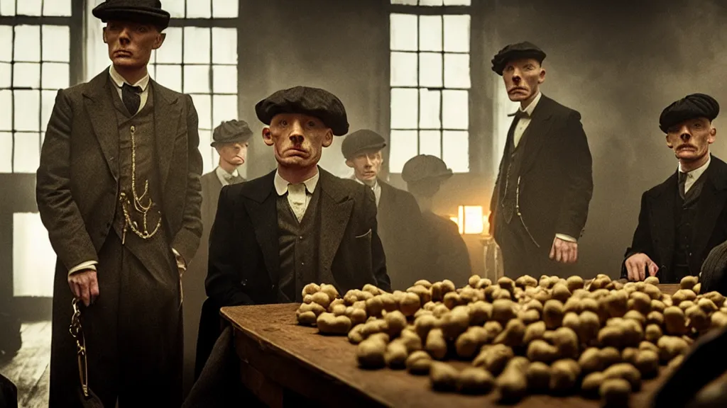 Image similar to the peaky blinders with peanuts heads, film still from the movie directed by denis villeneuve with art direction by zdzis