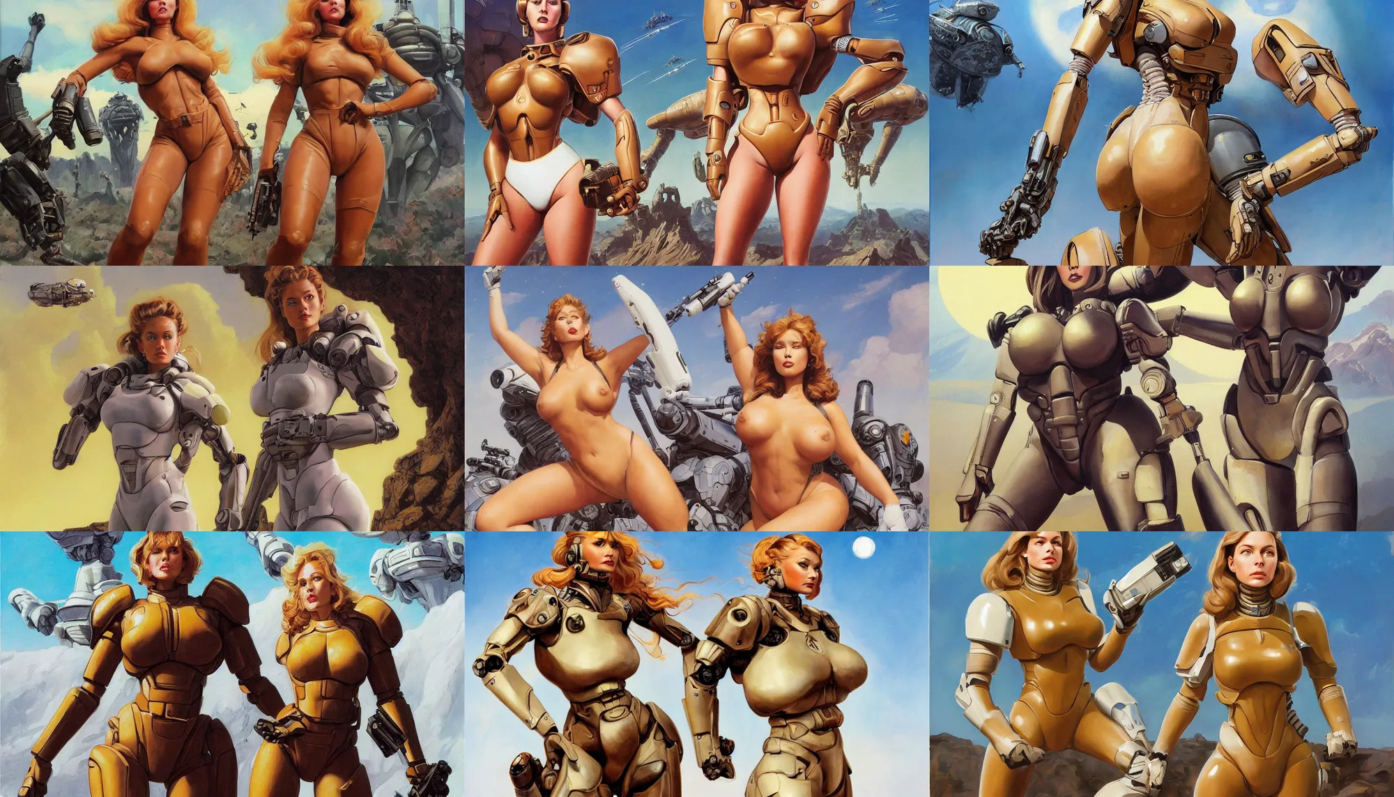 Prompt: A mixed media portrait painting of a very beautiful light-brown-hair woman on an alien planet, very curvy, aesthetic! starship-troopers, high-waisted white-bikini-armor and boots, aesthetic symmetrical face and eyes, model, wet, pacific-rim-mech in background, by Frank Frazetta, Boris Vallejo, Beeple, Greg Rutkowski, Christian MacNevin, eighties pinup style, goddess, bombshell, epic fantasy character art, high fantasy, CGsociety, exquisite detail, post-processing, masterpiece, cinematic