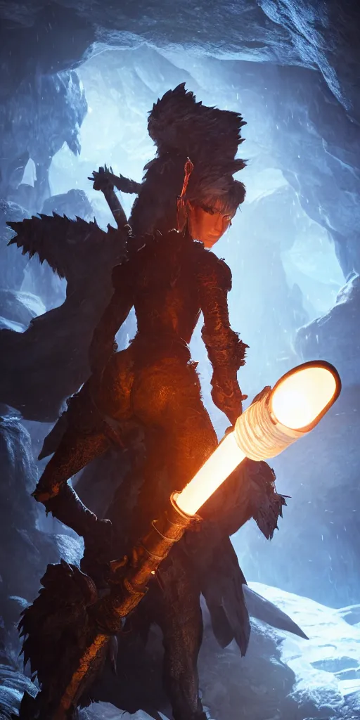 Image similar to a epic hero adventurer holding a torch in a dark cave, fantsy, concept art, artgerm, monster hunter world, 8 k realistic, radiant light, frostbite 3 engine, dof, cryengine, digital art, detailed background