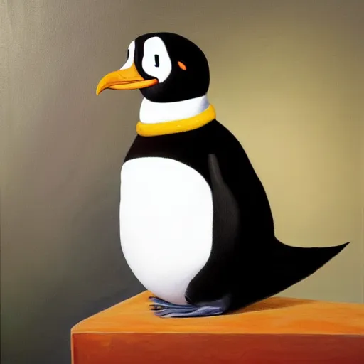 Prompt: oil painting of Pingu in the oval office