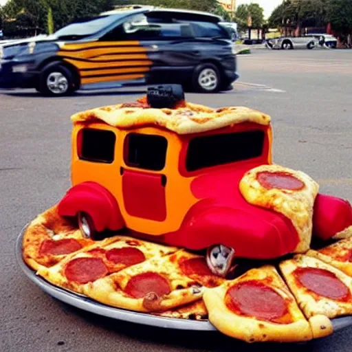 Image similar to car made out of pizza