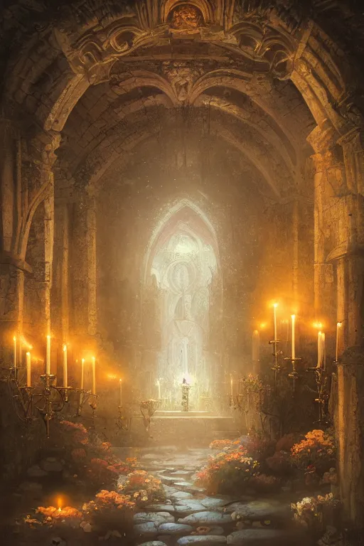 Prompt: Detailed Interior of Monastery Ruins, Flowing Flower Petals, light of god, light shafts, candles, stunning atmosphere, in Style of Peter Mohrbacher, cinematic lighting