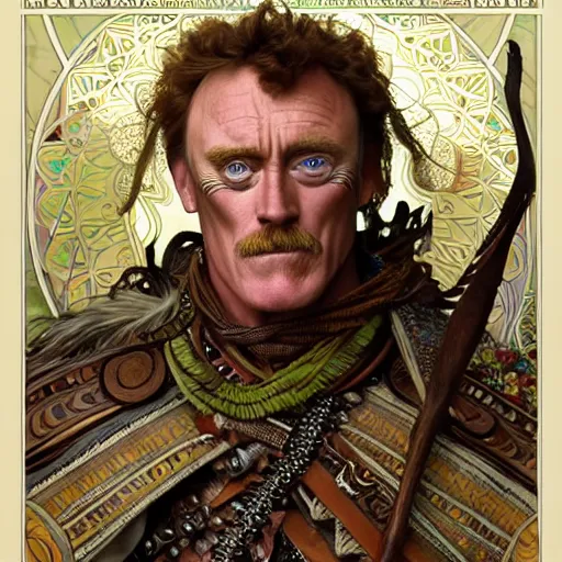 Prompt: full portrait of john c mcginley as a tribal warlord, fantasy, d & d, intricate, detailed, by by alphonse mucha, adolfo hohenstein, alice russell glenny, stanley artgerm lau, greg rutkowski, detailed, trending on artstation, trending on artstation, smooth