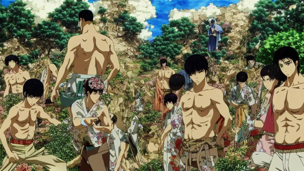 Prompt: yakuza war in the biblical garden of eden, anime film still from the an anime directed by katsuhiro otomo with art direction by salvador dali, wide lens