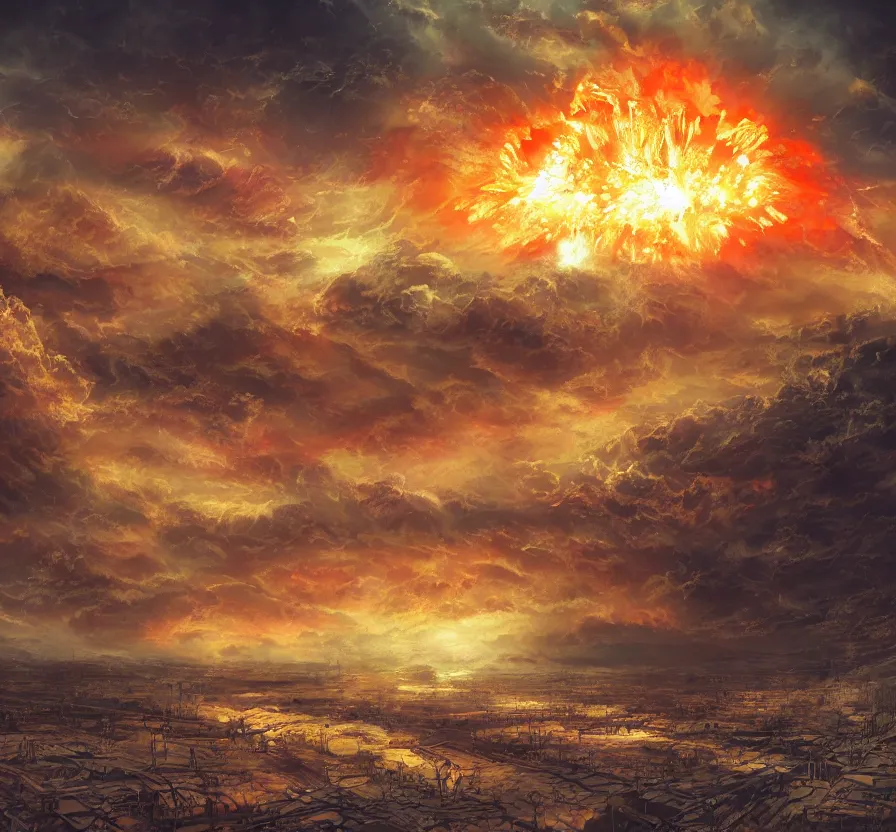 Prompt: nuclear explosion, acrilic paint, digital, artstation, detailed, intricate ink, illustration, heavenly atmosphere, digital art, over detailed art, conceptart