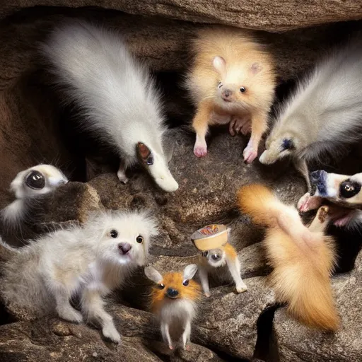 Prompt: several species of small furry animals gathered together in a cave and grooving with a pict