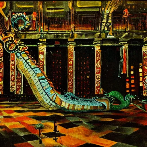 Prompt: high quality, high detail painting, dutch masterpiece, fluxus, film noir, ernst haekl, empty theater stage in las pozas with quetzalcoatl at night, hd, muted lighting