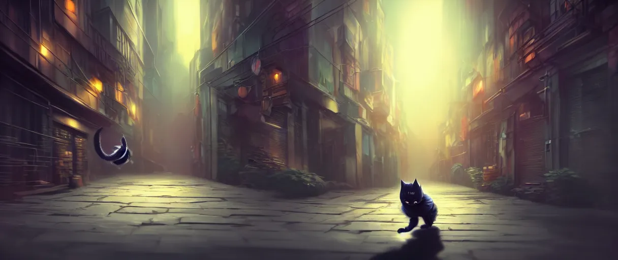 Prompt: hyper detailed concept art of a cute flooffy 3d catman jumping on a dark city alley sharp cinematic lighting 8k low angle shallow depth of field