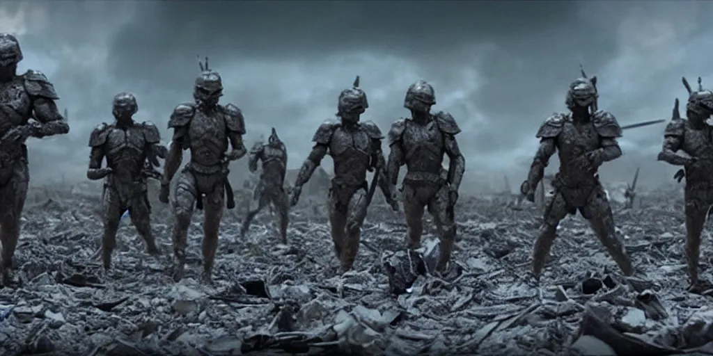 Image similar to film still of closeup futuristic god soldiers fighting in epic war, decimation, dilapidated city by emmanuel lubezki