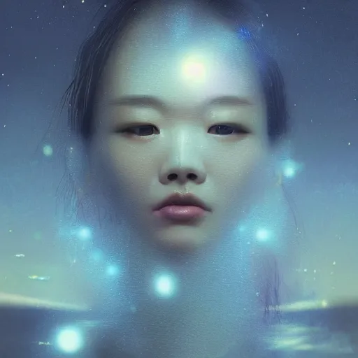 Prompt: sci - fi, close - up, 3 d, moon rays, night, asian sleepy fashion model face, cinematic, clouds, sun rays, vogue cover style, poster art, blue mood, realistic painting, intricate oil painting, high detail illustration, figurative art, multiple exposure, 3 d, by tooth wu and wlop and beeple and greg rutkowski