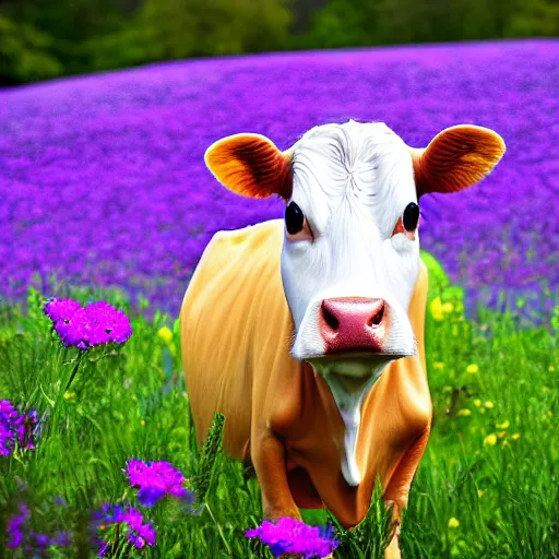 Prompt: a little cow in a field surrounded by flowers, tilt shift photo