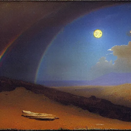 Prompt: rainbow on the moon, landscape, albert bierstadt