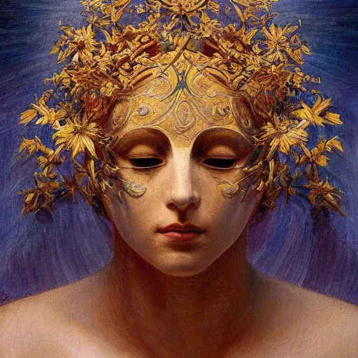 Image similar to masterpiece painting of a facemask made of stylized flowers, by annie swynnerton and jean delville and tino rodriguez, flower mask, symbolist, dramatic lighting, god rays, elaborate geometric ornament, clean crisp graphics, soft cool colors, smooth, sharp focus, extremely detailed