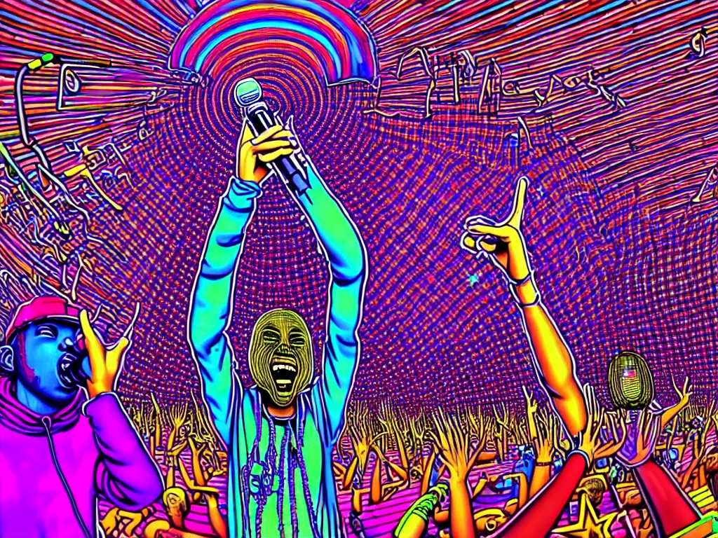 Image similar to rapping on stage at festival, holding microphone, giant crowd, epic angle, happy, psychedelic, hip hop, surreal, neon, vaporwave, detailed, illustrated by Alex Grey, 4k