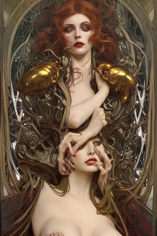 Image similar to masterpiece painting of beautiful demonic countess girl by donato giancola, h. r. giger and tom bagshaw, face by artgerm and edmund leighton, background by james jean and alphonse mucha, 8 k, gothic horror, majestic, volumetric lighting, porcelain skin, art deco, trending on pixiv