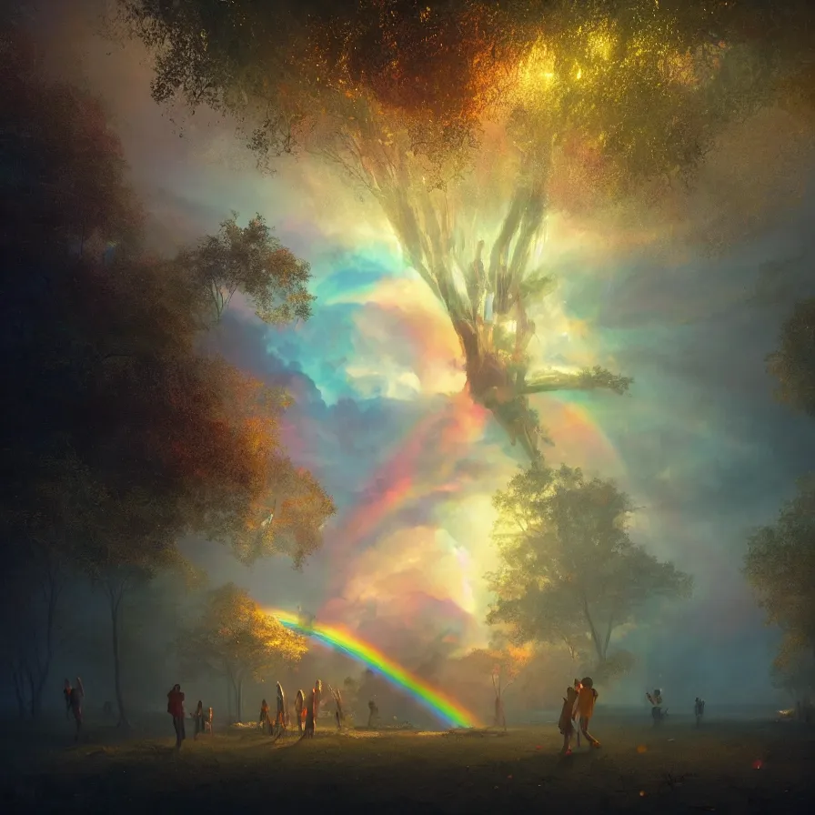 Prompt: idyllic carnival inside a tree cavity, rainbow across the sky, ethereal, golden swirling dust, iridescent, atmospheric, volumetric, cinematic, light breaking through clouds, greg rutkowski, wlop, otherworldly, glowing, trending on artstation, 8 k, unreal engine