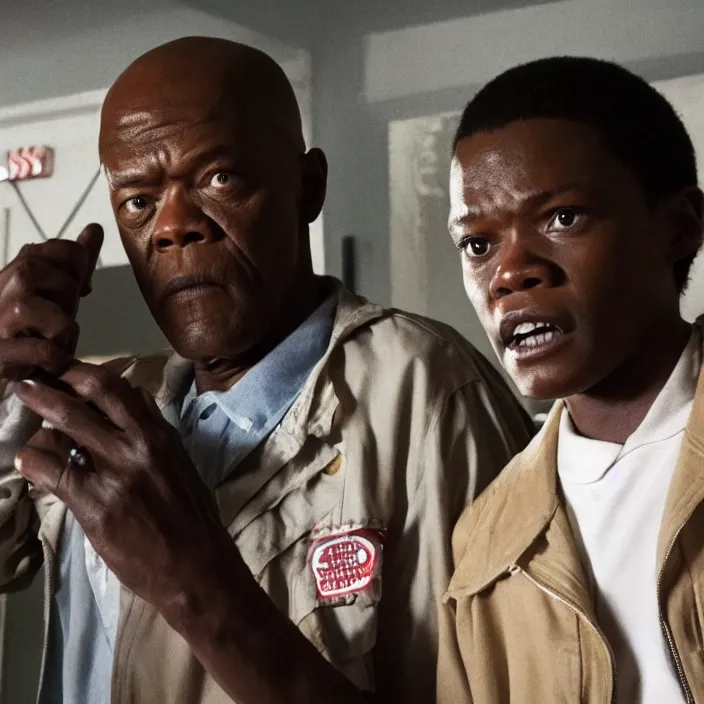 Prompt: film still of Samuel L Jackson in Stranger Things season finale, 4k