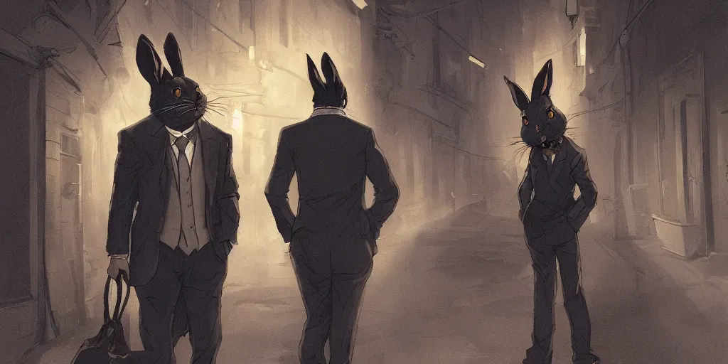 Image similar to rabbit wearing a tie is talking to a femme fatale cat in a dark alley, warm color palette, night time, dramatic lighting, noir film, character sheet, fine details, high contrast, blacksad, kim jung gi, greg rutkowski, trending on artstation, 8 k, front view, back view, ultra wide angle