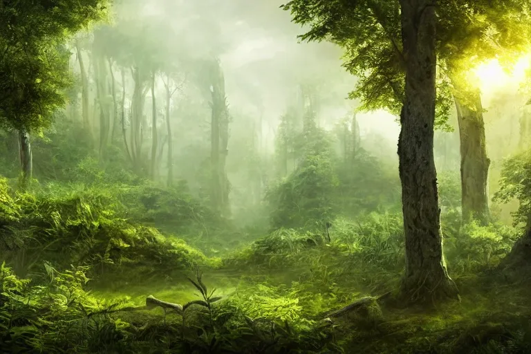 Prompt: a clearing in the forest, sharp focus, matte painting, illustration, concept art, ancient city covered in foliage