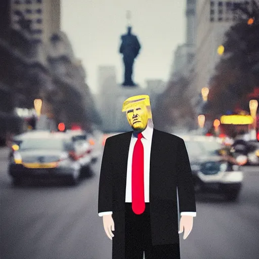 Image similar to “Very photorealistic photo of Donald Trump standing in the middle of Fifth Avenue with a gun, atmospheric lighting, award-winning details”