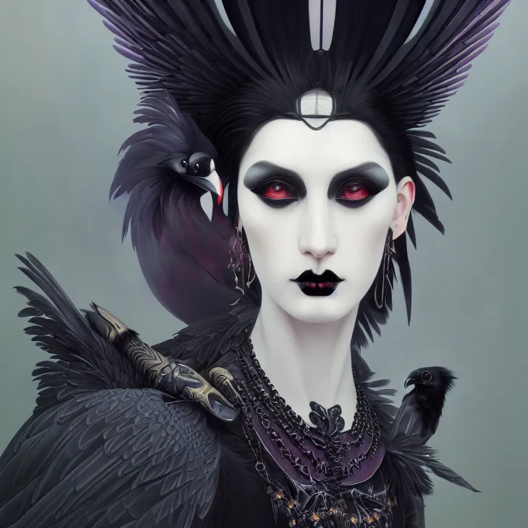 Image similar to breathtaking detailed concept art painting art deco portrait of a goth goddess amalgamation raven, by hsiao - ron cheng, bizarre compositions, exquisite detail, extremely moody lighting, 8 k