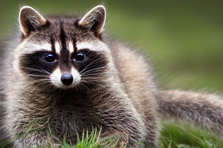 Image similar to a cat!!! racoon hybrid! hyper realistic!! realistic lighting!! wildlife photographer of the year!!! bold natural colors, national geographic, hd, wide angle, 8 k