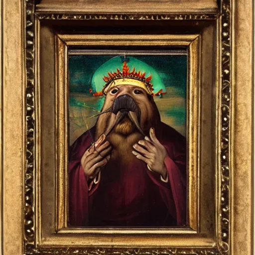 Prompt: walrus wearing a crown of thorns, solemn, religious painting, christian imagery,