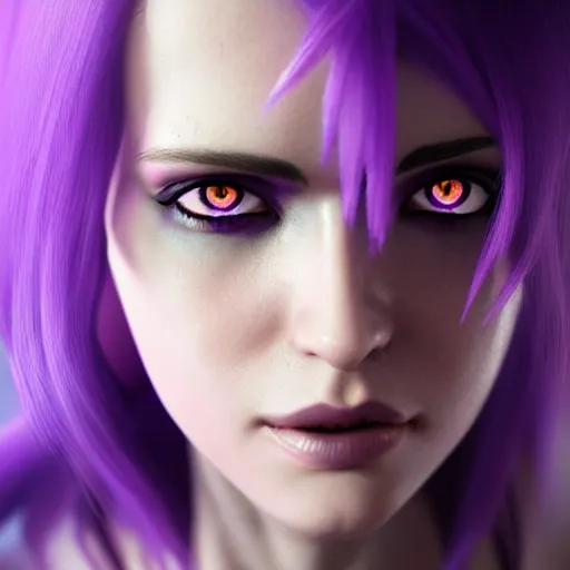 Prompt: a woman with purple hair and purple glowing eyes, realistic, 8 k, extremely detailed, cgi, trending on artstation, hyper - realistic render, 4 k hd wallpaper, premium prints available, by greg rutkowski