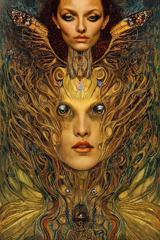 Image similar to Metamorphosis by Karol Bak, Jean Deville, Gustav Klimt, and Vincent Van Gogh, transformation portrait, chimera, visionary, cicada wings, otherworldly, fractal structures, ornate gilded medieval icon, third eye, dynamic, hybrid, fusion, change, spirals