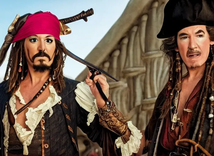 Prompt: ethan kline as a flamboyant pirate, movie still, from the new pirates of the caribbean movie, 8 k, realistic
