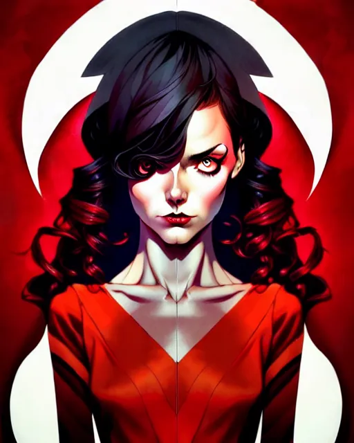 Prompt: artgerm, joshua middleton comic cover art, joanne calderwood, red dress, symmetrical eyes, symmetrical face, long curly black hair, dark castle background background, cinematic lighting