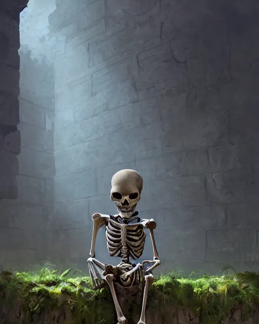 Prompt: a skeleton sitting chained up a corner, corner, long shot, stone bricks, moss, sunbeams, ancient. Atmospheric lighting, By Makoto Shinkai, Stanley Artgerm Lau, WLOP, Rossdraws, James Jean, Andrei Riabovitchev, Marc Simonetti, krenz cushart, Sakimichan, D&D trending on ArtStation, digital art.