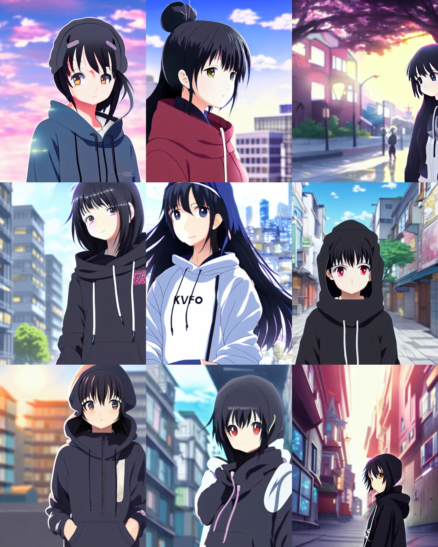 Prompt: black haired girl wearing hoodie, city bright daylight, anime epic artwork, kyoto animation, key visual