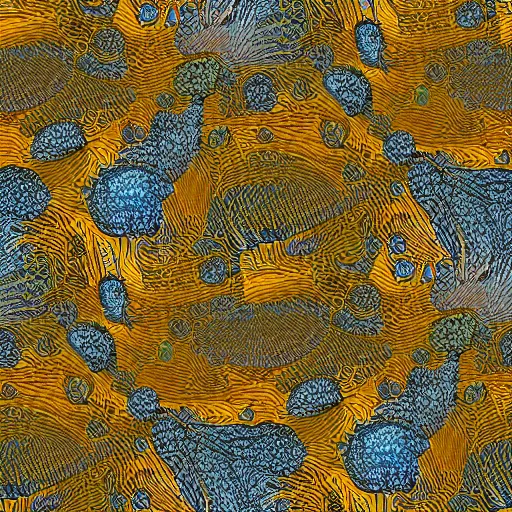 Image similar to beautiful and artistic mycelium on a fantastic planet and unusual inhabitants of the oceans, protozoa, amoeba, diatoms, highly detailed, pattern with optical illusion, tiling texture repeating fabric pattern