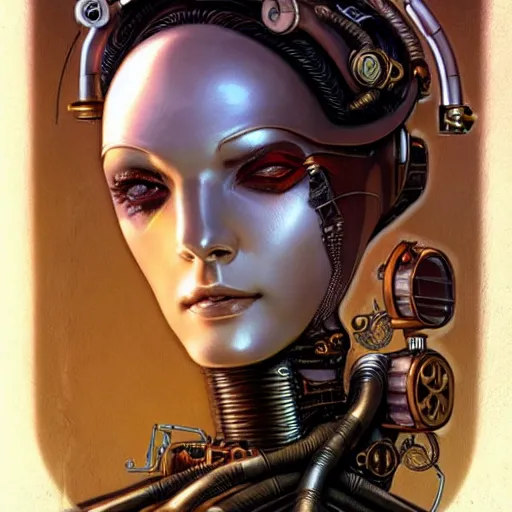 Image similar to close - up portrait of a beautiful female steampunk android in the style of karol bak, moebius