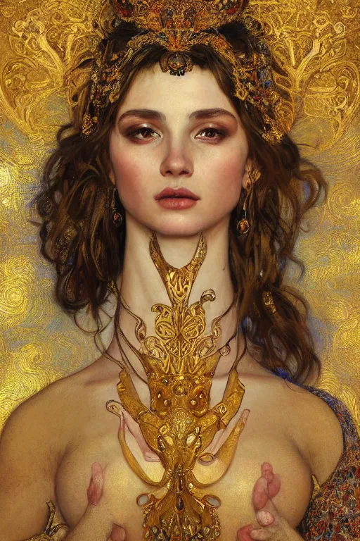 Image similar to an intricate artistic pose painting of a beautiful young goddess with an artistic sensual pose with klimt golden motives and textures, hyper detailed, ornamental gold headpiece, octane render, vivid colors, artstation, by jeremy mann, by alphonse mucha, by boris vallejo