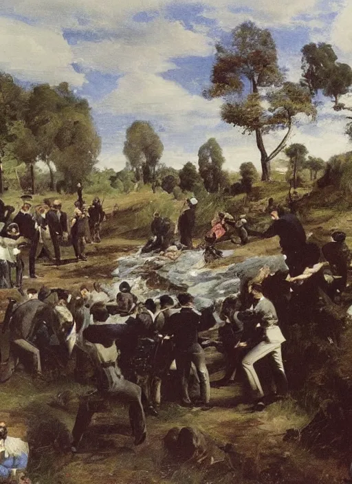 Image similar to artwork painting of the members of the mob dumping a body by eugene von guerard, ivan shishkin, john singer sargent