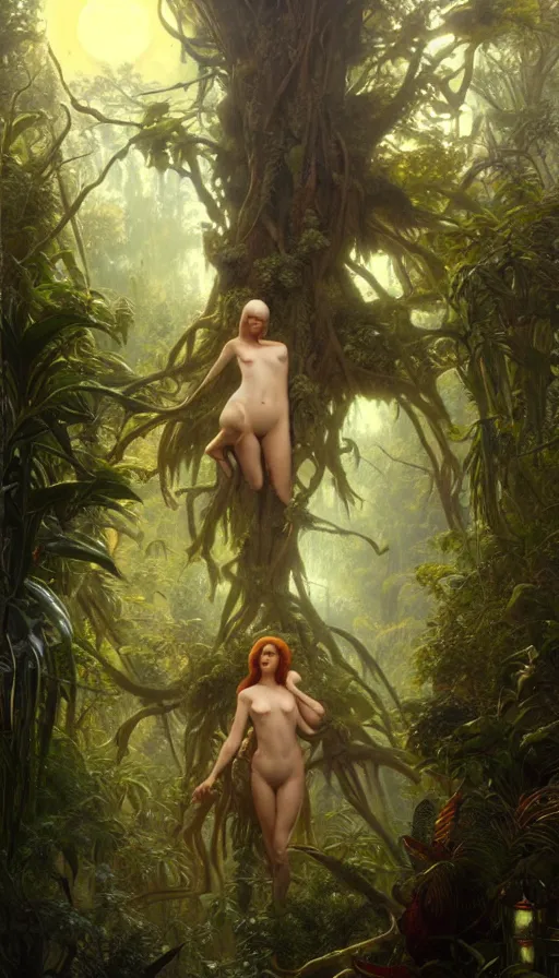 Image similar to hyper realistic alien, lush plants, full moon, light rays, gnarly trees by tom bagshaw, mucha, gaston bussiere, craig mullins, j. c. leyendecker 8 k