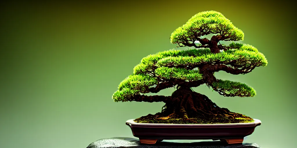 Prompt: photo bonsai cedar on a small angular emerald marmalade in the water, gold hour, soft lighting, rain, medium full shot, volumetric lighting, beautiful, ultra detailed, 3 5 mm, fujifilm, cinematic