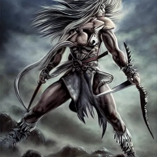 Image similar to realistic art style, warrior girl, muscular girl, wild spiky black saiyan hair, long spiky hair, electrified hair, holding scimitar made of bone, scimitar, sword, jagged sword, curved sword, orkish sword, colorized, gray skin, hyper - detailed, primeval fantasy, prehistoric fantasy, art by jacques - louis david