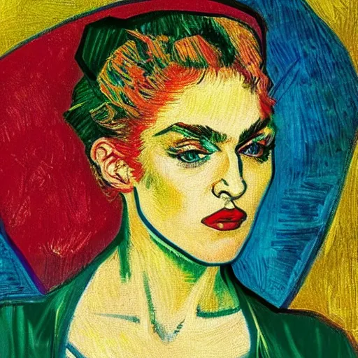 Image similar to an artistic portrait of madonna, high quality, studio photography, colorful, hero, 1 9 8 8, heroic, beautiful, in the style of vincent van gogh