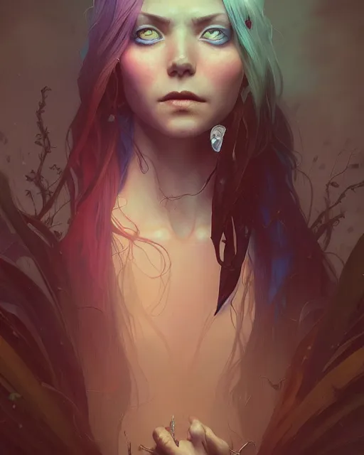 Image similar to highly detailed vfx portrait of a witch, unreal engine, greg rutkowski, loish, rhads, beeple, makoto shinkai and lois van baarle, ilya kuvshinov, rossdraws, tom bagshaw, alphonse mucha, global illumination, detailed and intricate environment