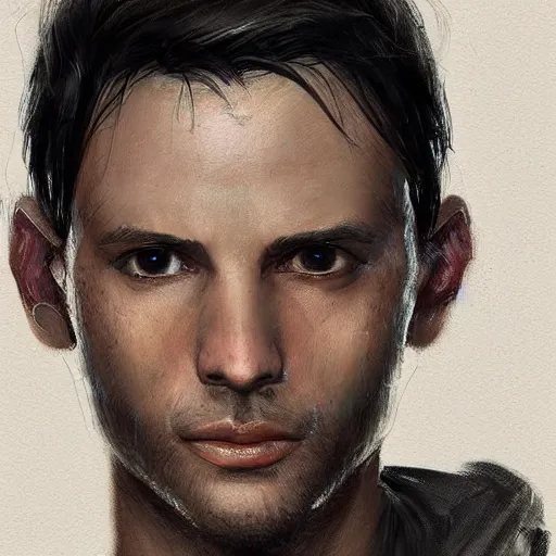 Prompt: Portrait of a man by Greg Rutkowski, he is about 30 years old, indian, cybernetic eyes implants, messy long black hair, slim and tall, he is wearing utilitarian beige black jumpsuit, highly detailed portrait, digital painting, artstation, concept art, smooth, sharp foccus ilustration, Artstation HQ.