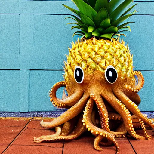 Image similar to cute cartoon octopus camouflaging as a pineapple