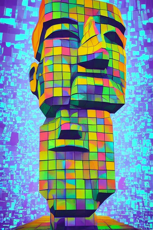 Image similar to cubist moai statue cutout digital illustration cartoon colorful beeple