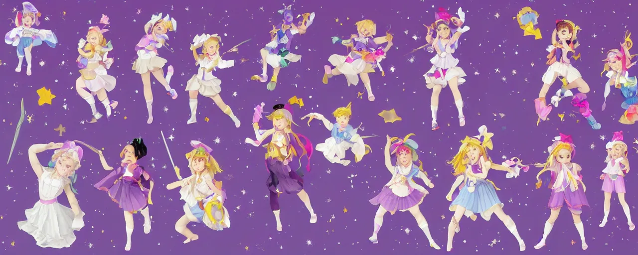 Image similar to A character sheet of full body cute magical girls with short blond hair wearing an oversized purple Beret, Purple overall shorts, Short Puffy pants made of silk, pointy jester shoes, a big billowy scarf, and white leggings. Rainbow accessories all over. Flowing fabric. Covered in stars. Short Hair. Art by Johannes Helgeson and william-adolphe bouguereau and Paul Delaroche and Alexandre Cabanel and Lawrence Alma-Tadema and WLOP and Artgerm. Fashion Photography. Decora Fashion. harajuku street fashion. Kawaii Design. Intricate, elegant, Highly Detailed. Smooth, Sharp Focus, Illustration Photo real. realistic. Hyper Realistic. Sunlit. Moonlight. Dreamlike. Fantasy Concept Art. Surrounded by clouds. 4K. UHD. Denoise.