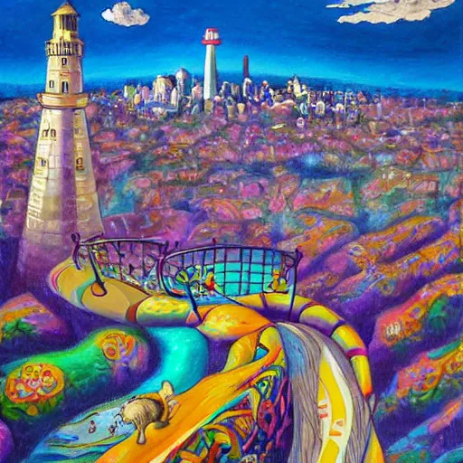 Prompt: Alice riding atop the Cheshire Cat, flying over Portland Maine, city skyline, highly detailed painting