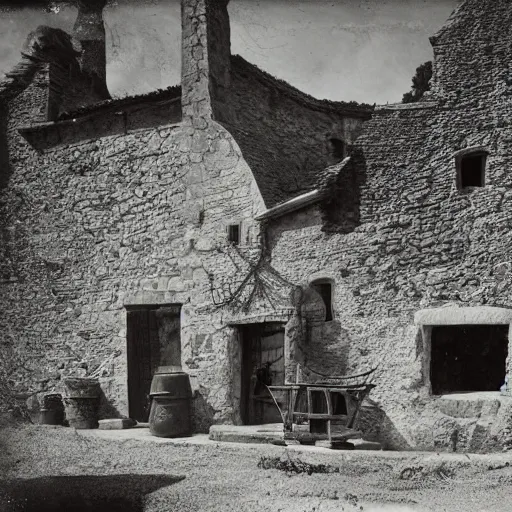 Prompt: Medieval village, tintype photo, 1100 AD, Medieval photograph, French village